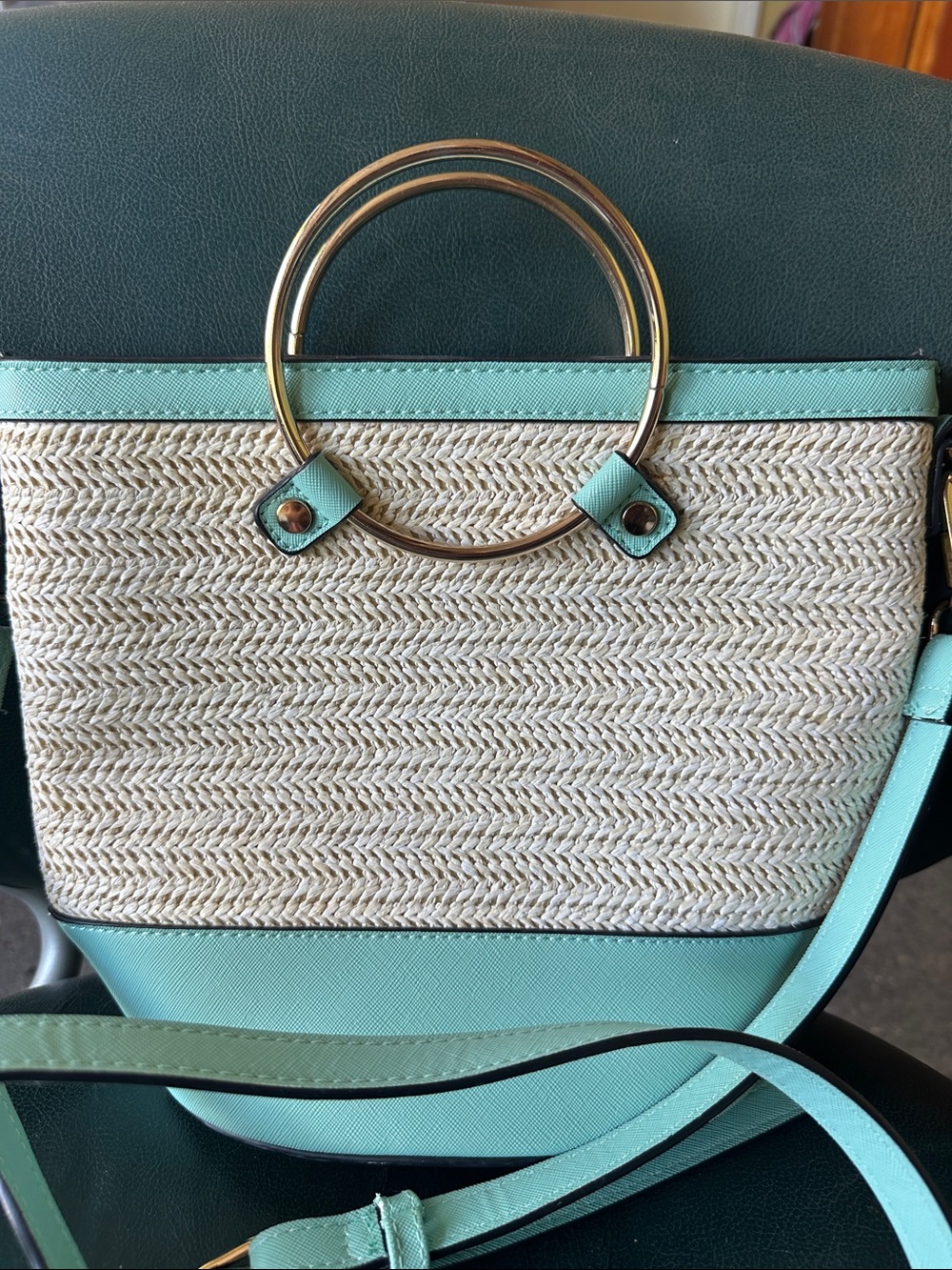 Mint Straw Crossbody Bag with Gold Ring Handles